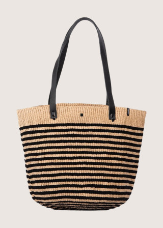 Panier Pamba à rayures avec anses en cuir noir - MIFUKO