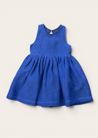 Pleated dress, sleeveless, blue linen
