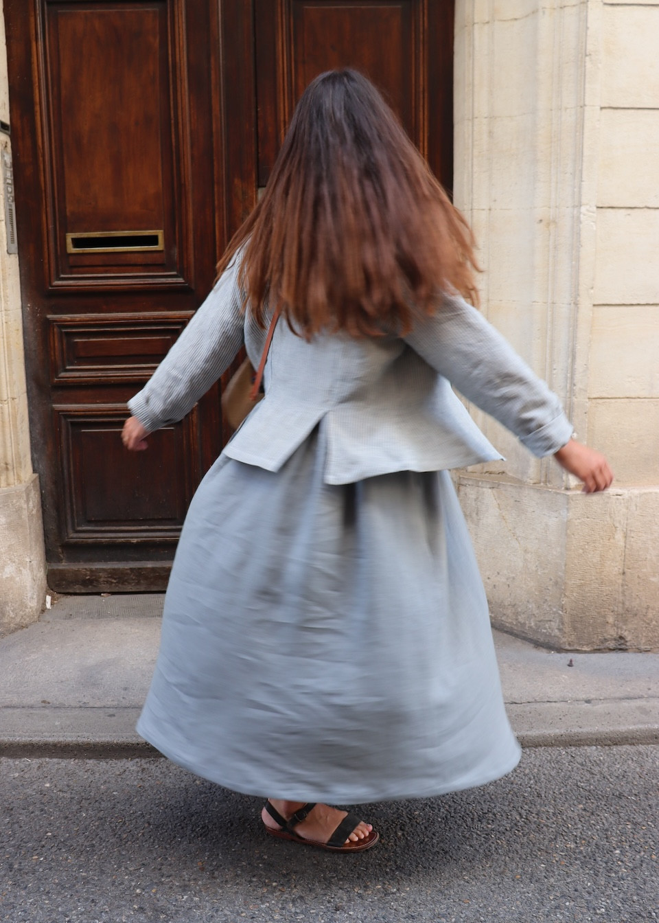 Jacket 05 in sky blue striped linen - LE VESTIAIRE DE JEANNE