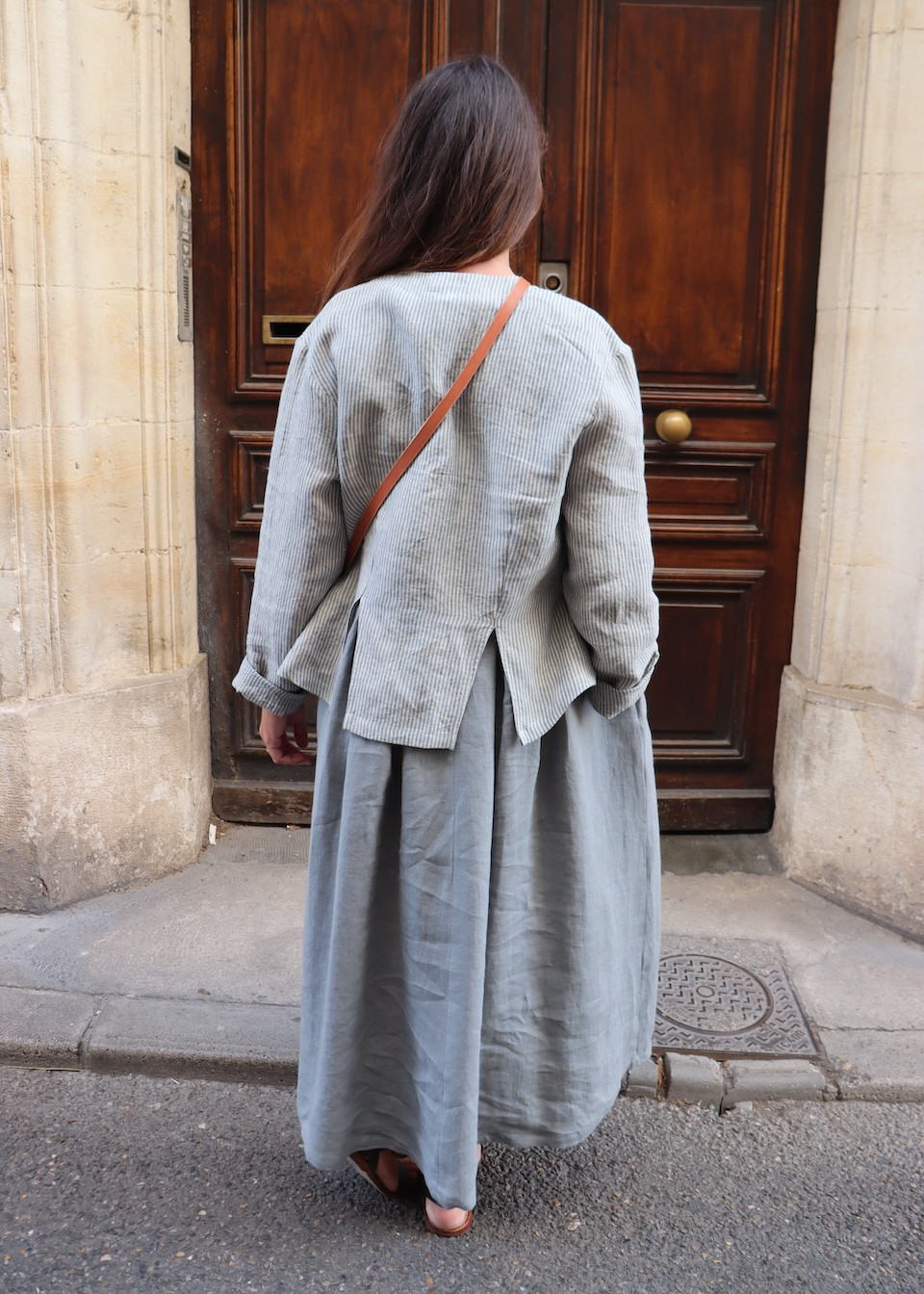 Jacket 05 in sky blue striped linen - LE VESTIAIRE DE JEANNE