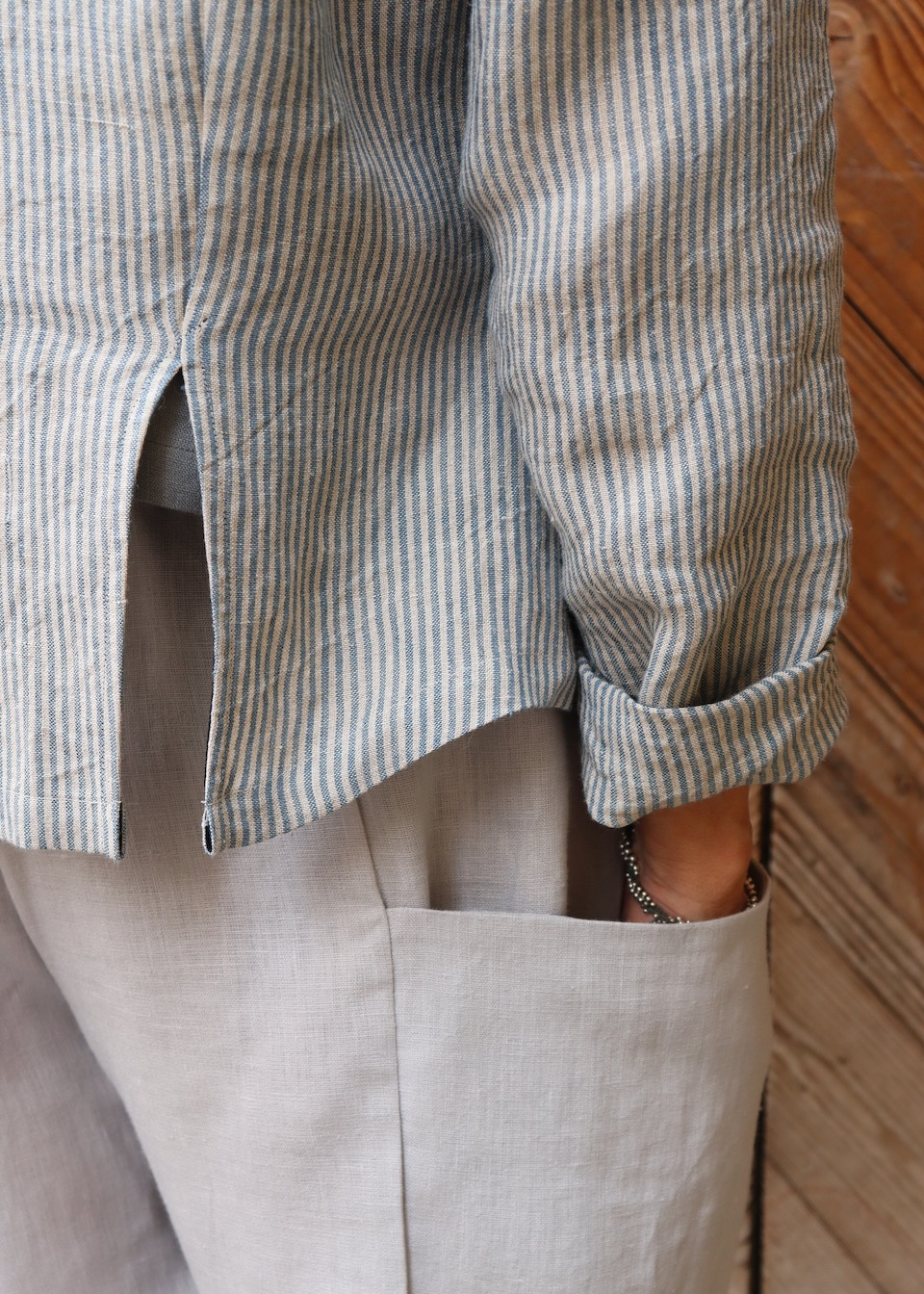 Veste 05 en lin rayures ciel - LE VESTIAIRE DE JEANNE