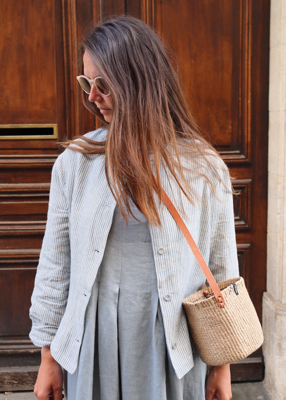 Jacket 05 in sky blue striped linen - LE VESTIAIRE DE JEANNE