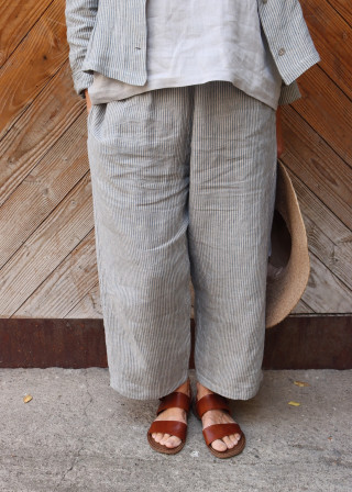 Pantalon large en lin rayures bleues - LE VESTIAIRE DE JEANNE