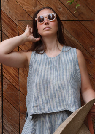 Pull 02, lin rayures ciel - LE VESTIAIRE DE JEANNE