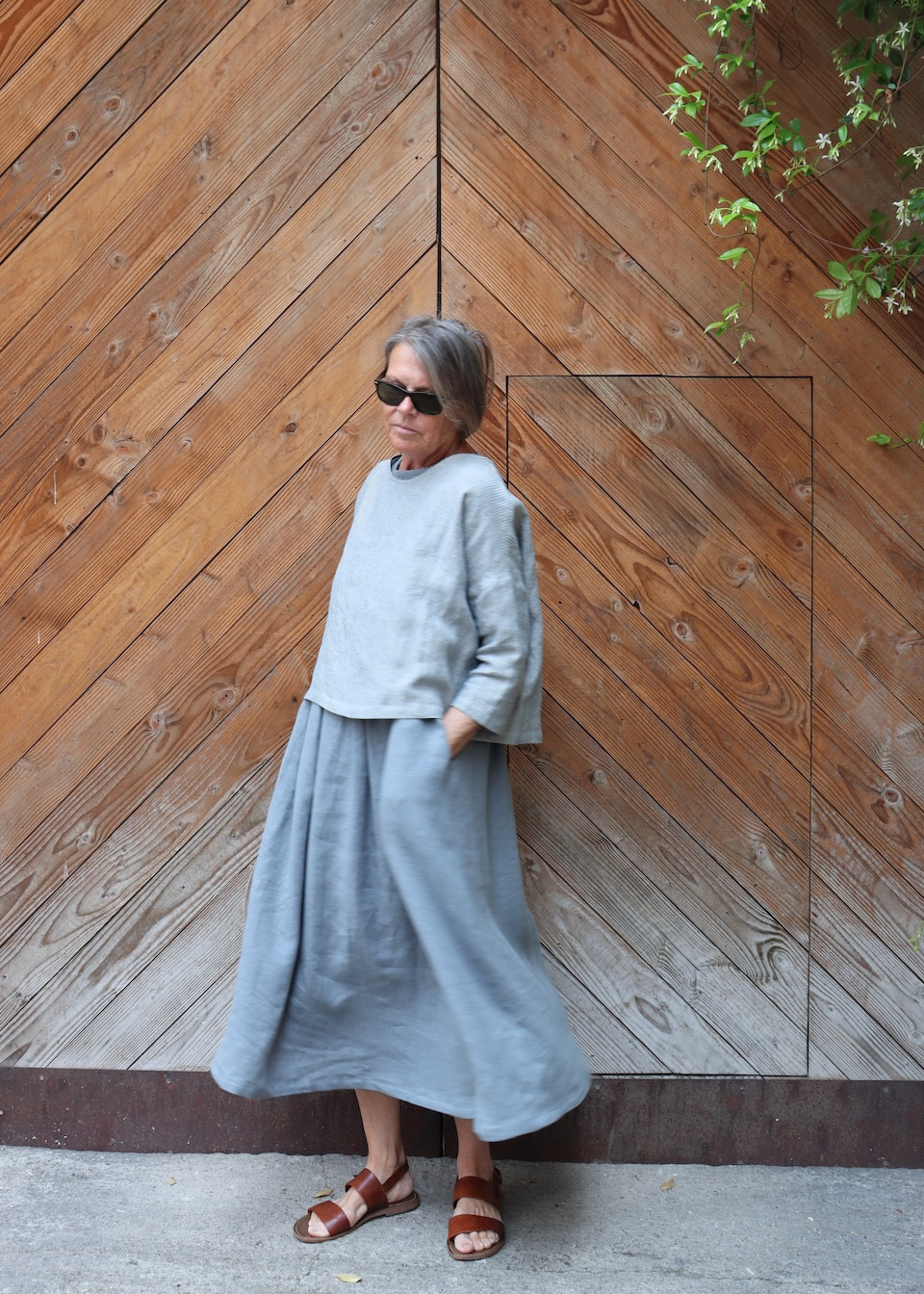 Jumper 03 in Sky blue striped linen - LE VESTIAIRE DE JEANNE
