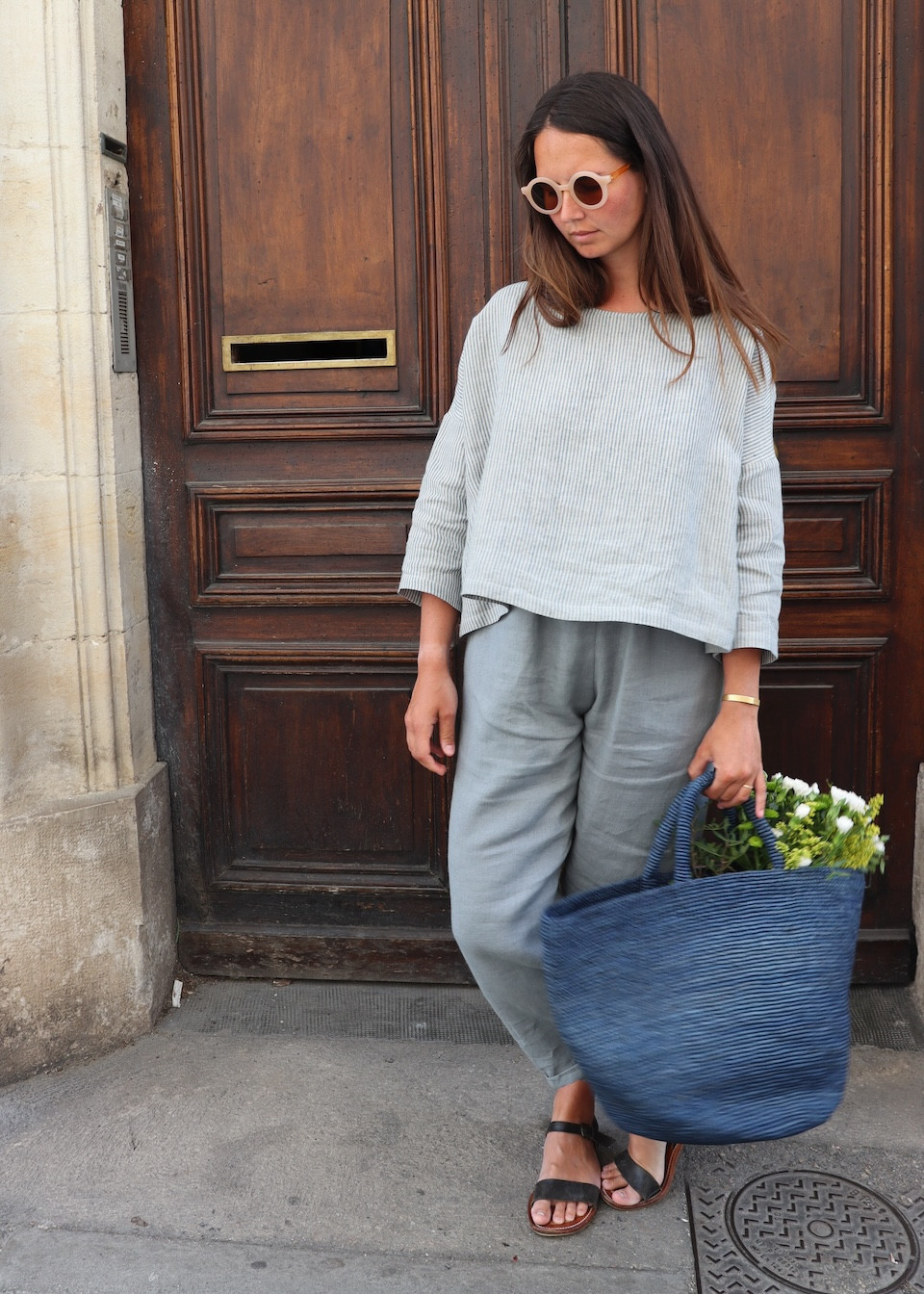 Jumper 03 in Sky blue striped linen - LE VESTIAIRE DE JEANNE