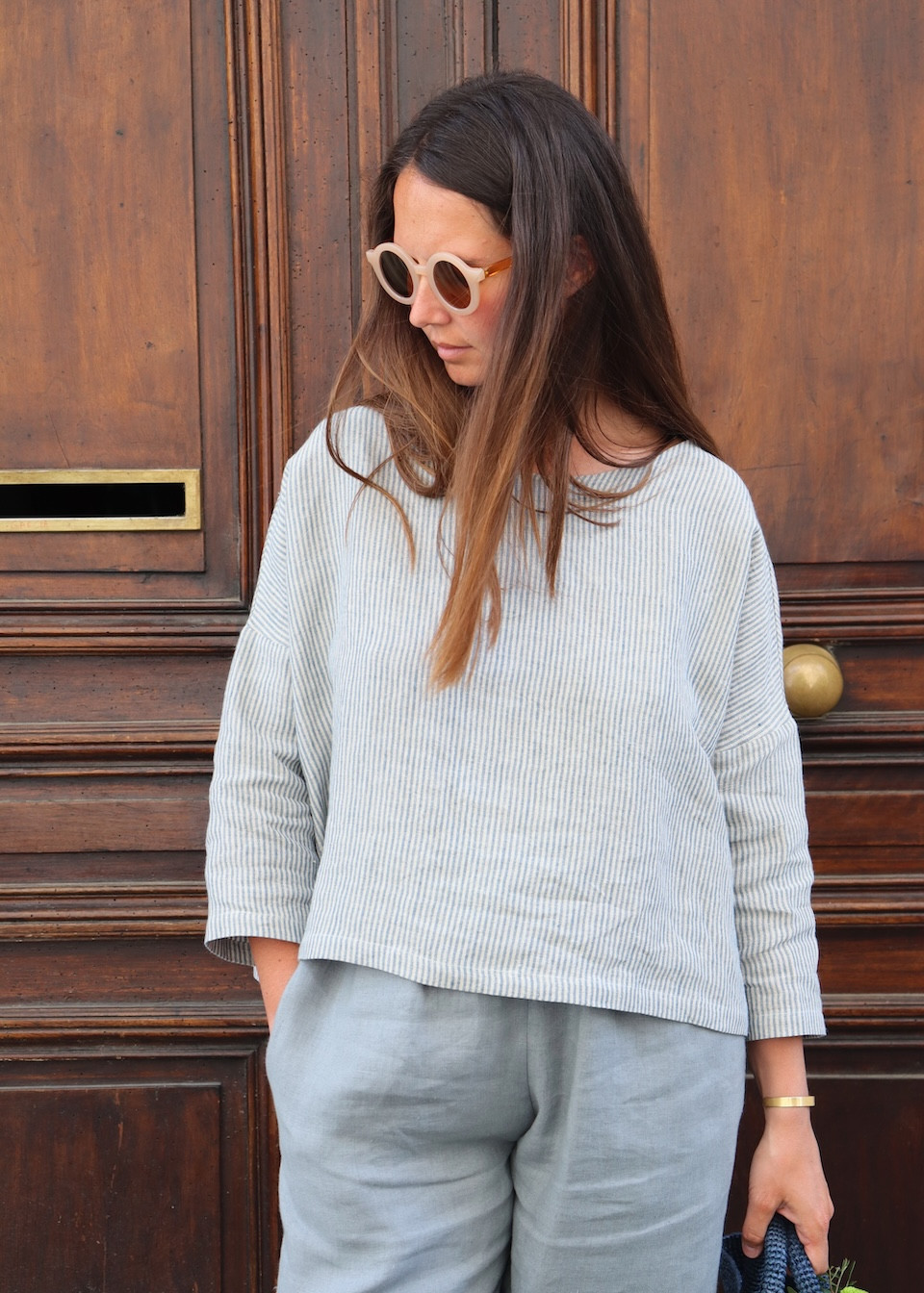 Jumper 03 in Sky blue striped linen - LE VESTIAIRE DE JEANNE