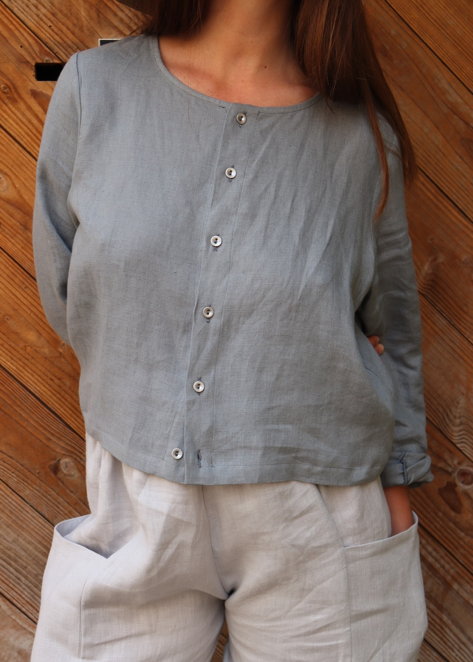 Gilet 02 en lin bleu orage - LE VESTIAIRE DE JEANNE