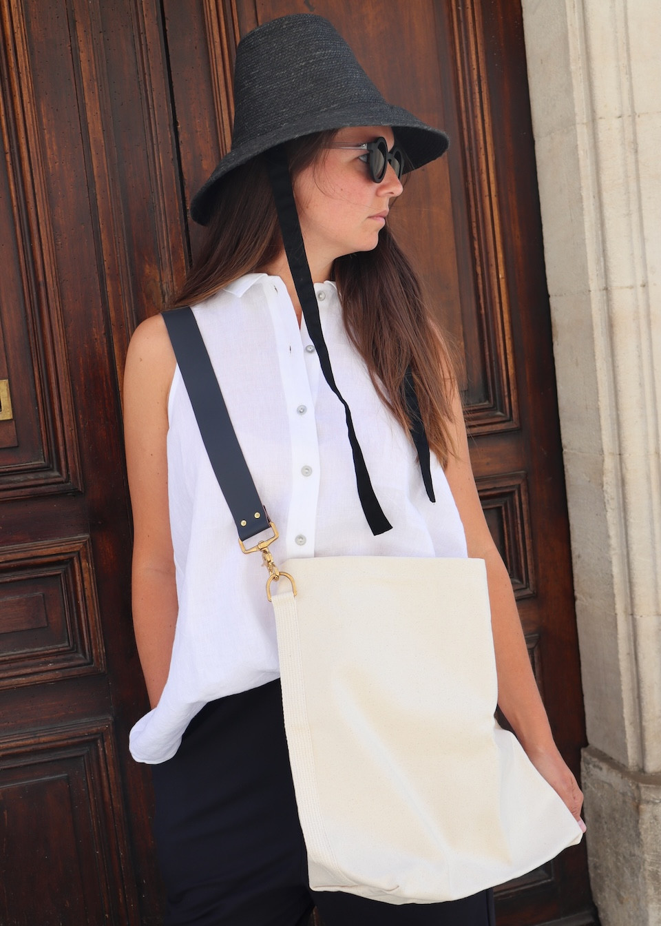 Tote bag in Canvas and Blue/Cherry leather strap - CELINA MANCURTI