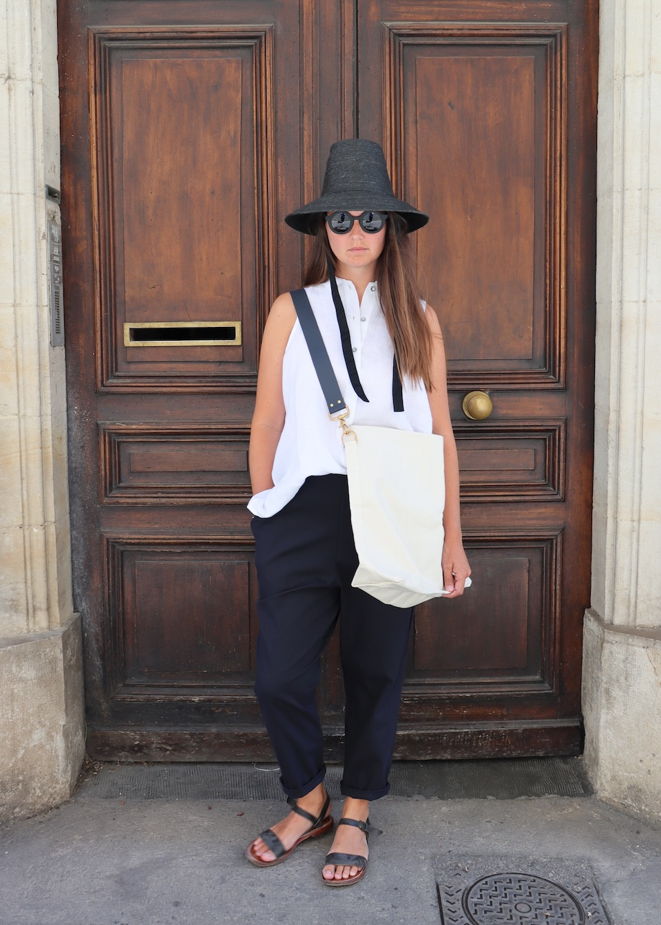 Sac fourre tout en toile et cuir bleu/cerise - CELINA MANCURTI