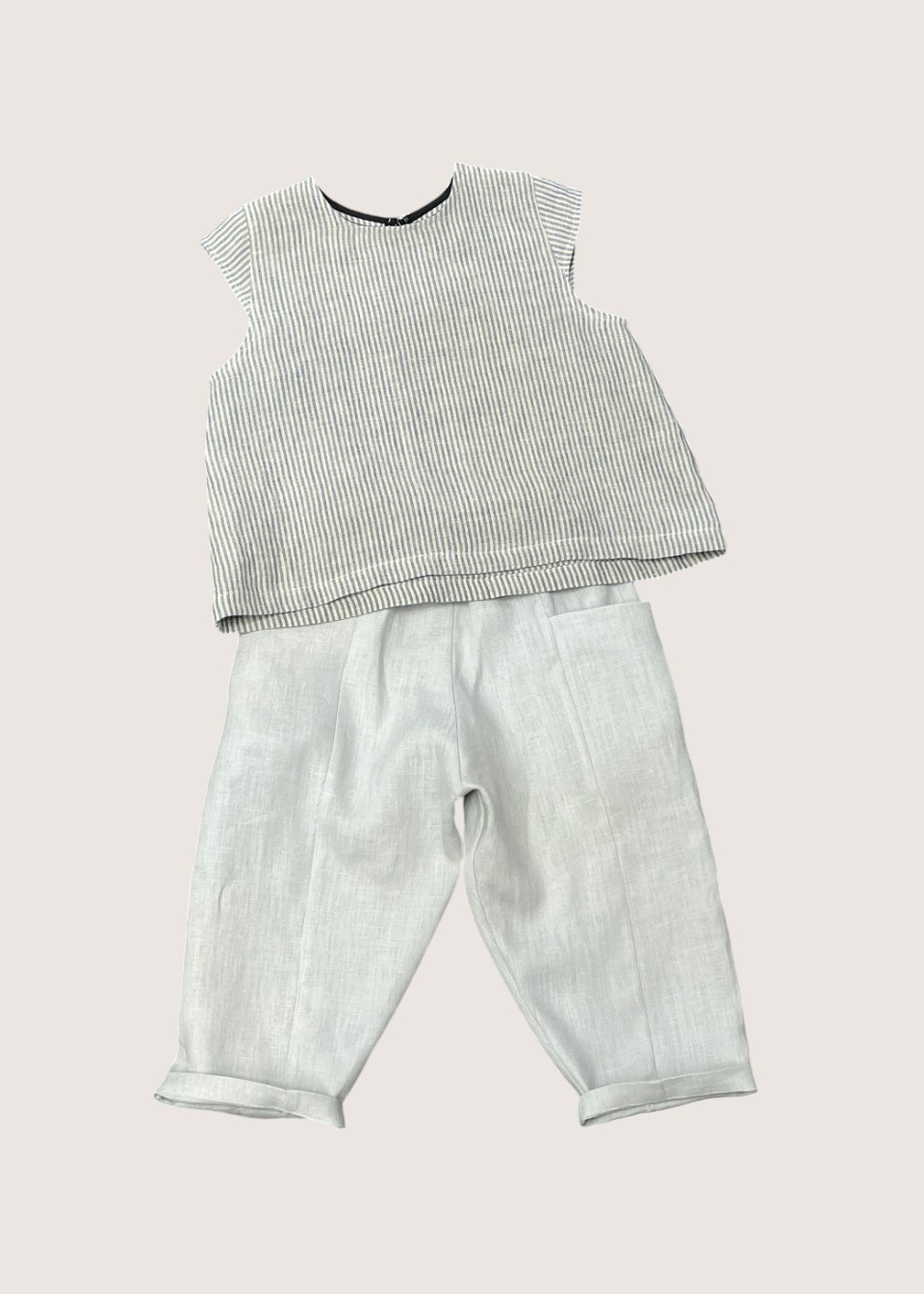 Blouse manches courtes, lin rayures ciel