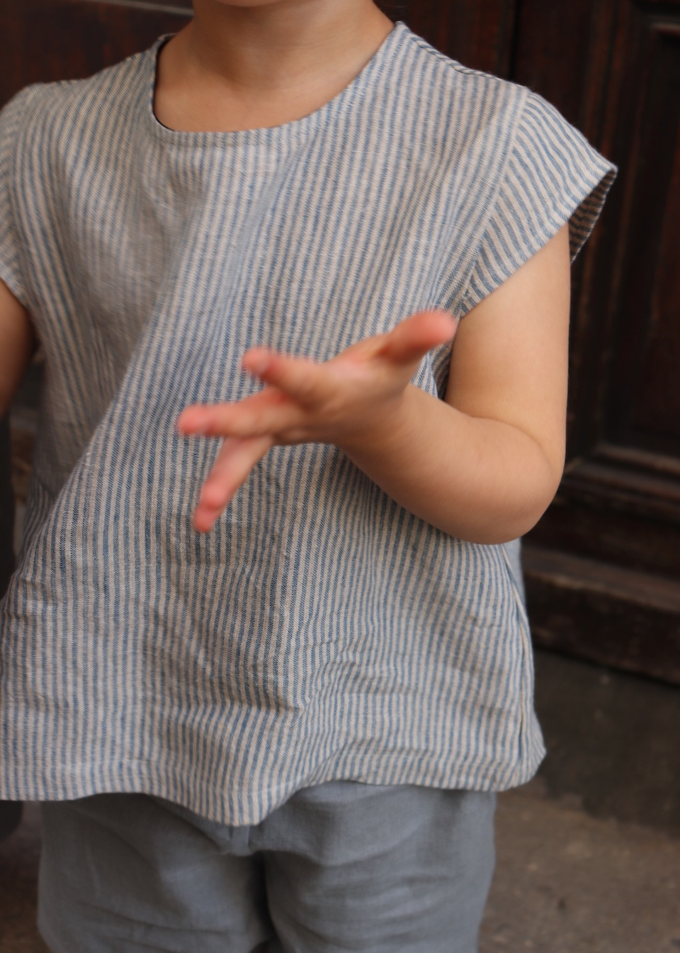 Blouse manches courtes, lin rayures ciel