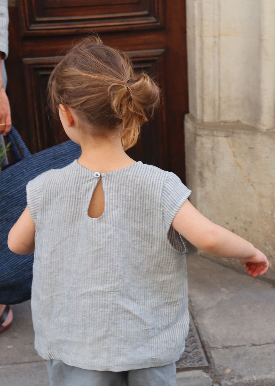 Blouse manches courtes, lin rayures ciel