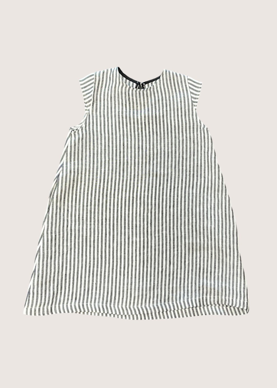 Flared dress, short sleeves, light stripes linen