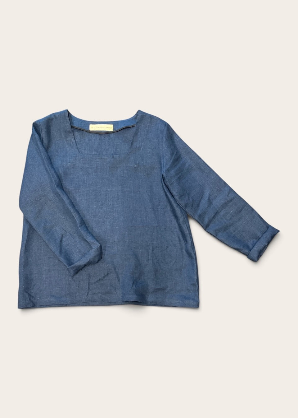 Squared neck blouse in midnight blue linen - LE VESTIAIRE DE JEANNE