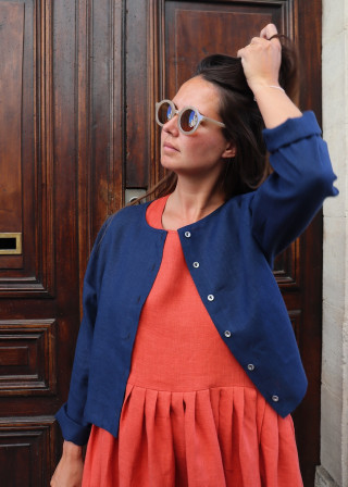 Cardigan 02 in midnight blue linen - LE VESTIAIRE DE JEANNE