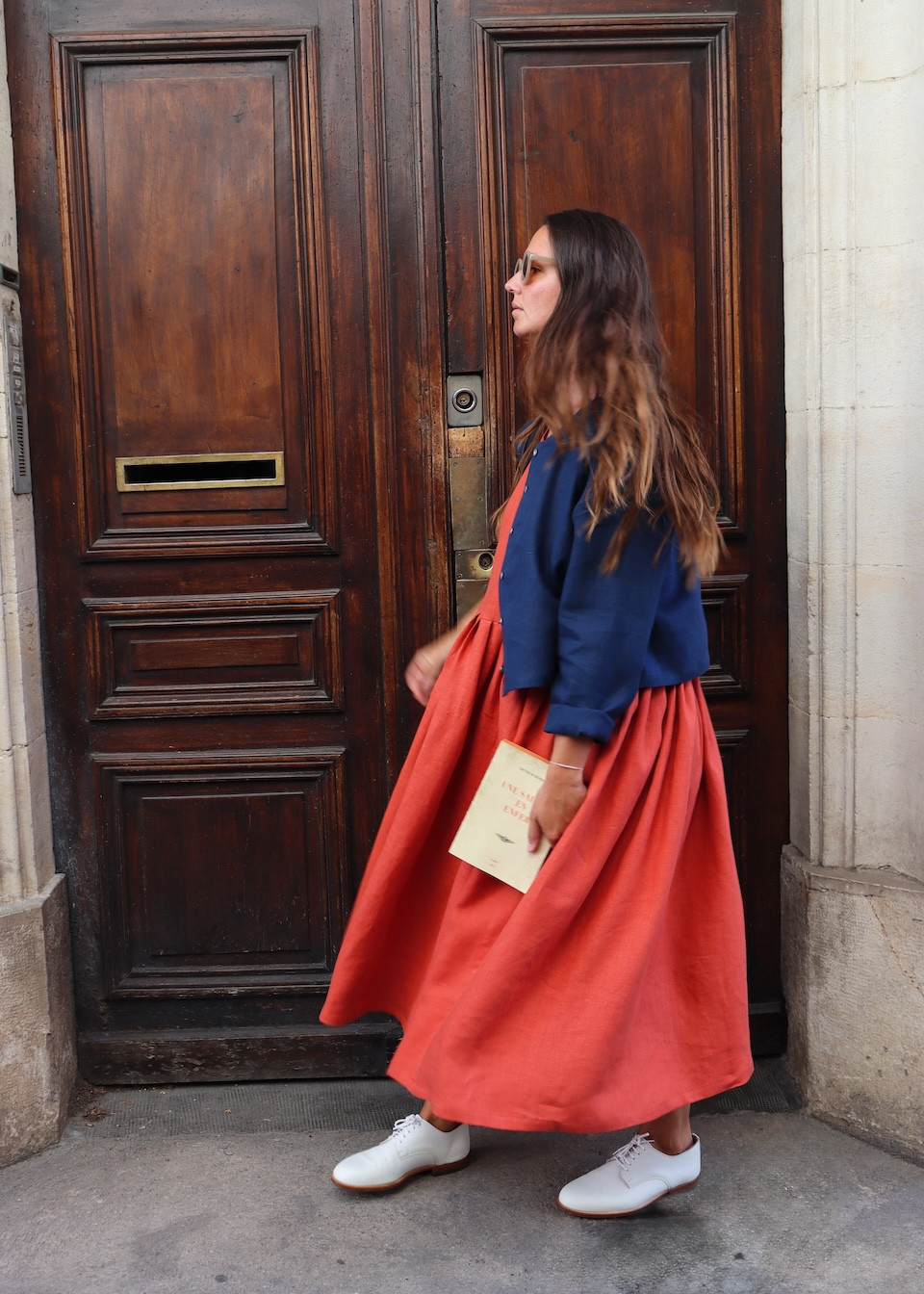 Robe à plis sans manches, lin rouge-orangé