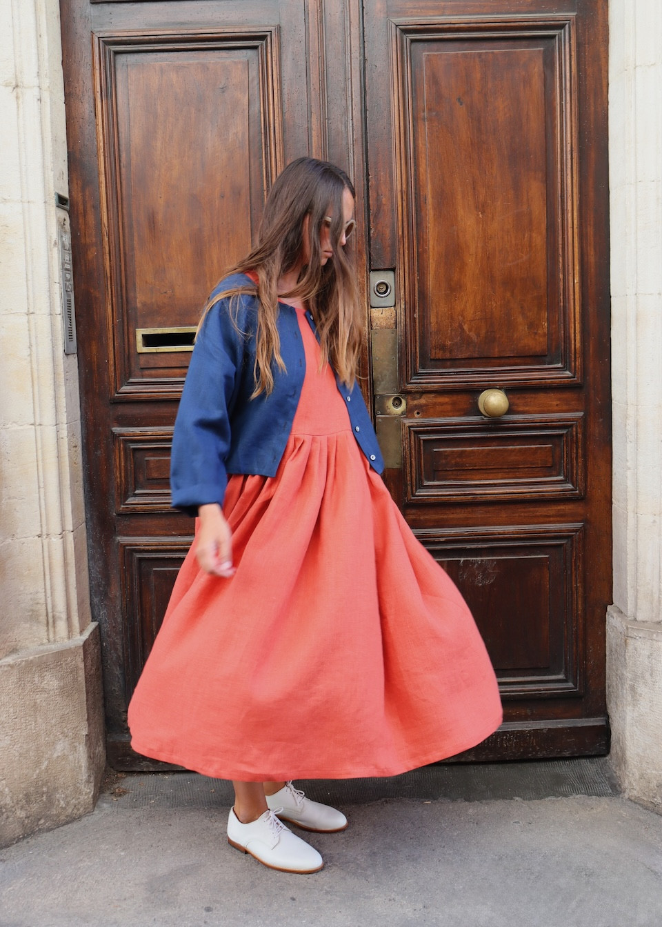 Robe à plis sans manches, lin rouge-orangé
