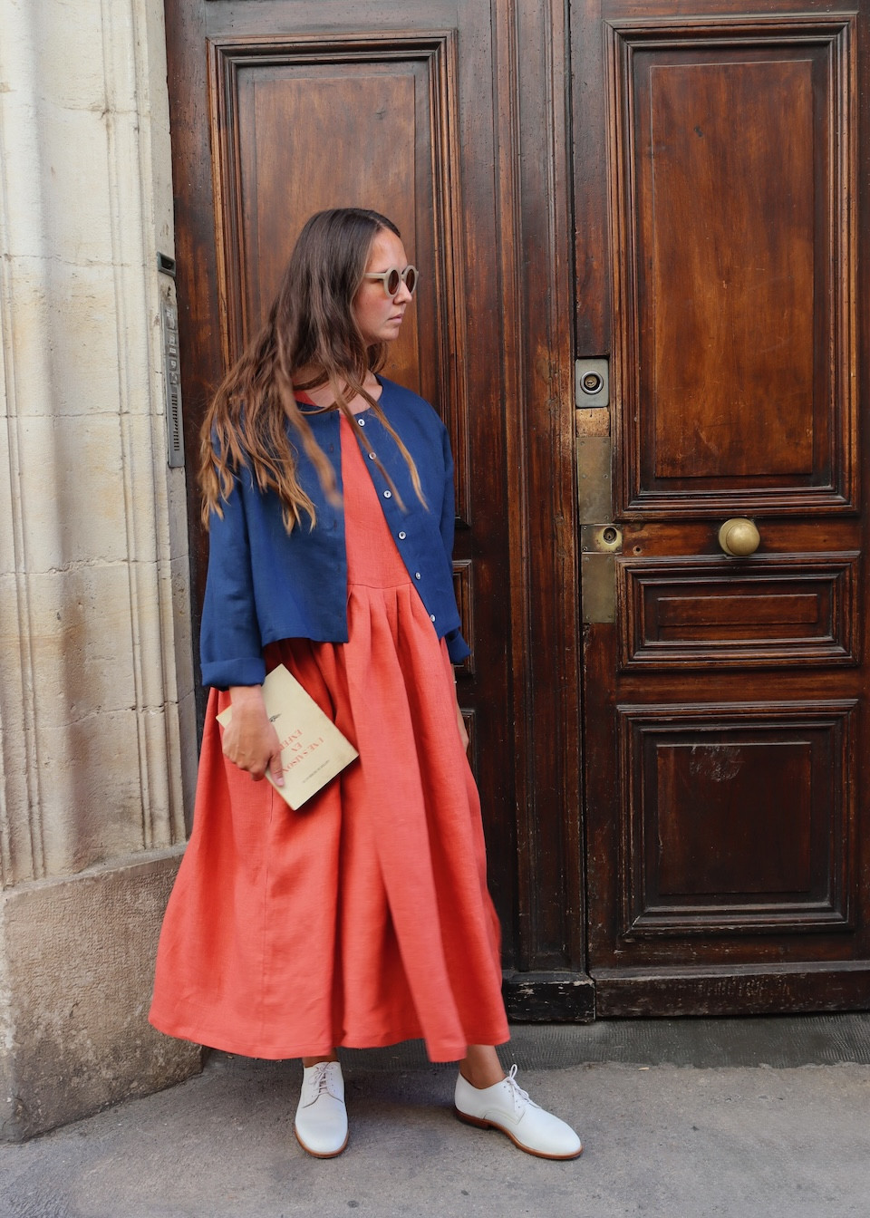 Robe à plis sans manches, lin rouge-orangé