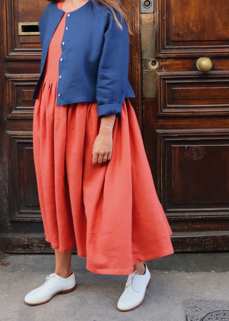 Robe à plis sans manches, lin rouge-orangé