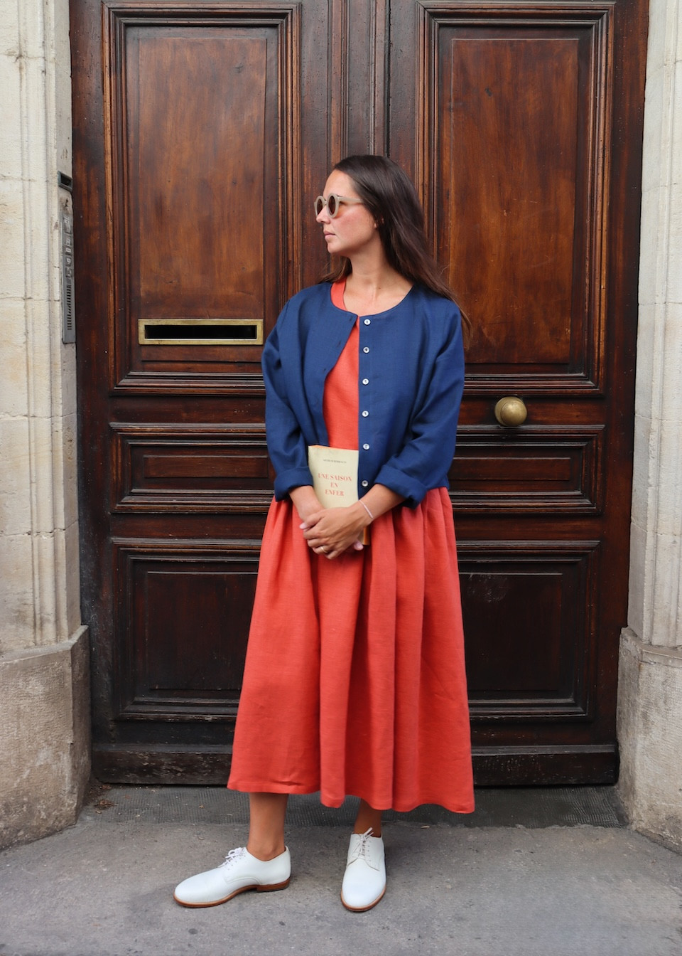 Robe à plis sans manches, lin rouge-orangé