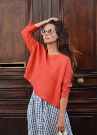 Jumper 03 in coral red linen - LE VESTIAIRE DE JEANNE