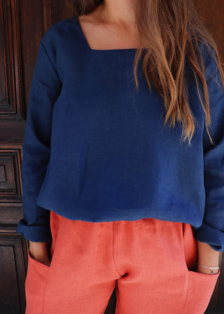 Blouse manches longues, col carré, lin bleu